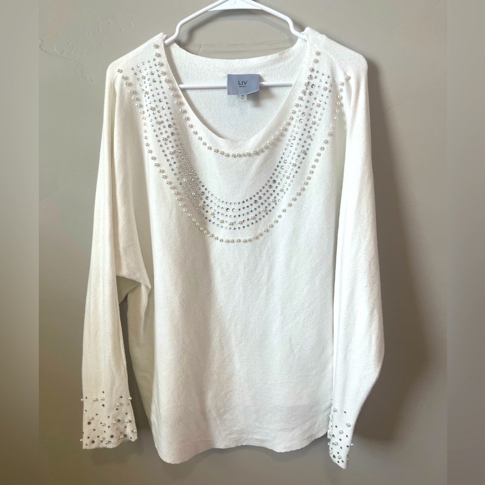 LIV Milano Pearls Rhinestone Sweater - Medium